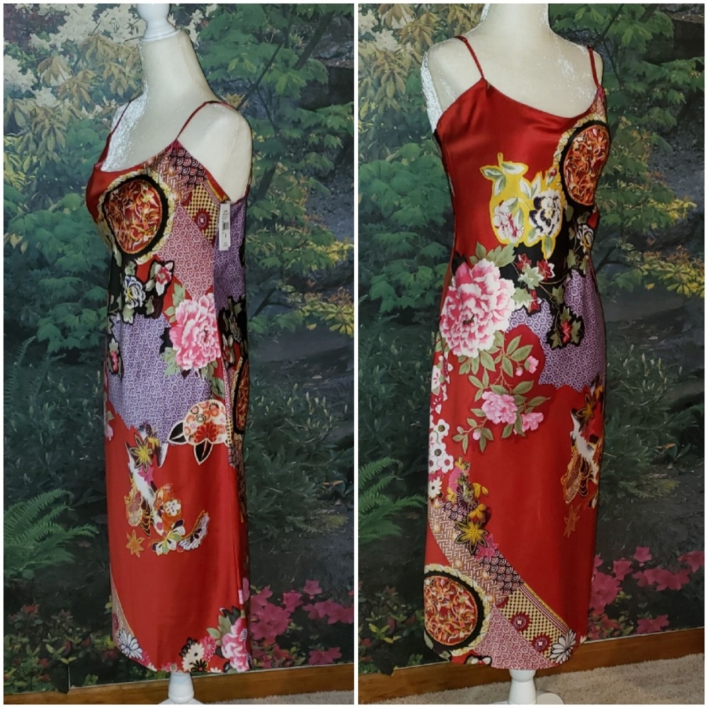 Natori Red Floral Satin Slip Chemise with Purple and Pink Accents